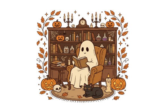 Download Cozy Ghost Reading Halloween Png - Premium Bundle